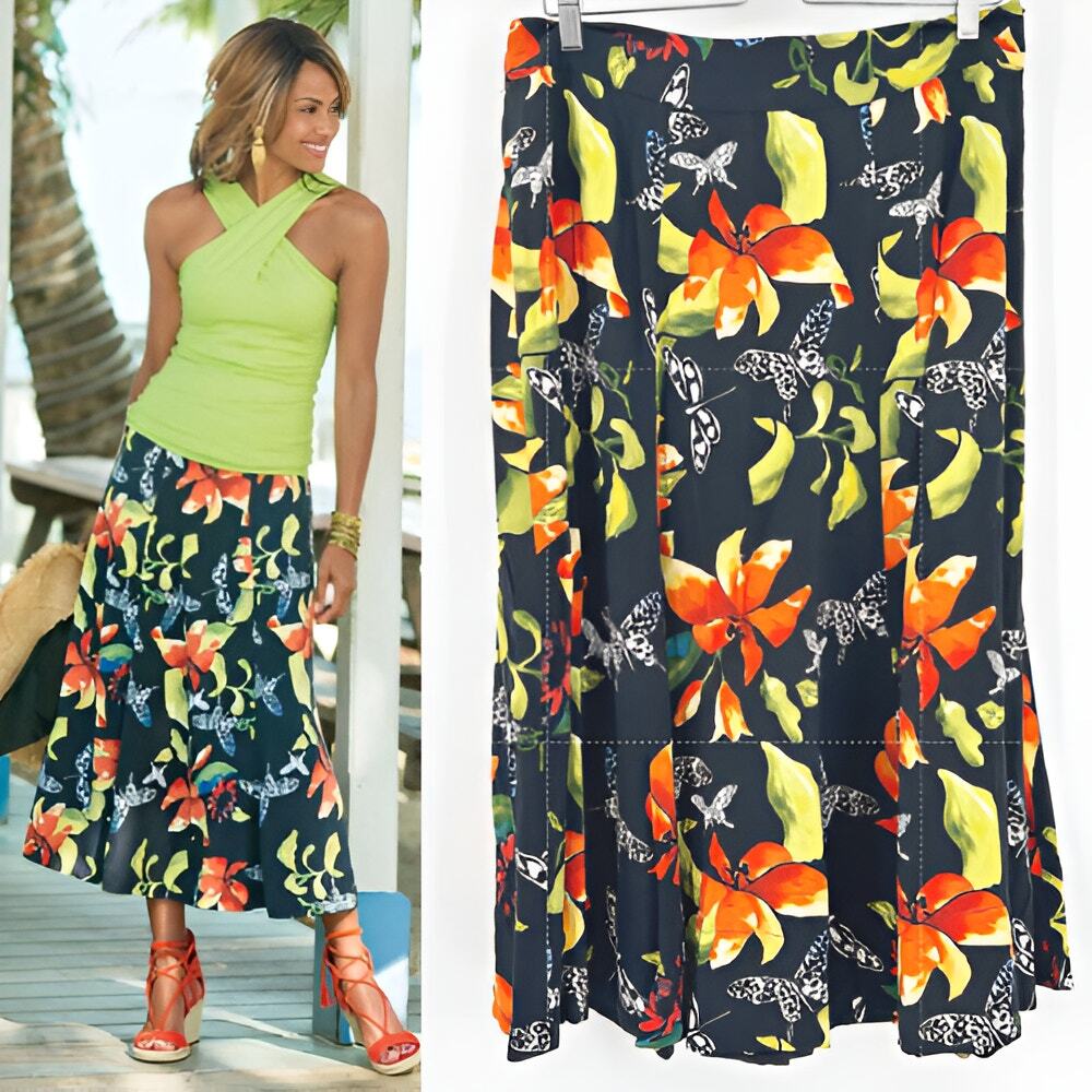 Soft Surroundings Womens‎ Resortwear Tropical Butterfly Floral Midi Skirt Size M